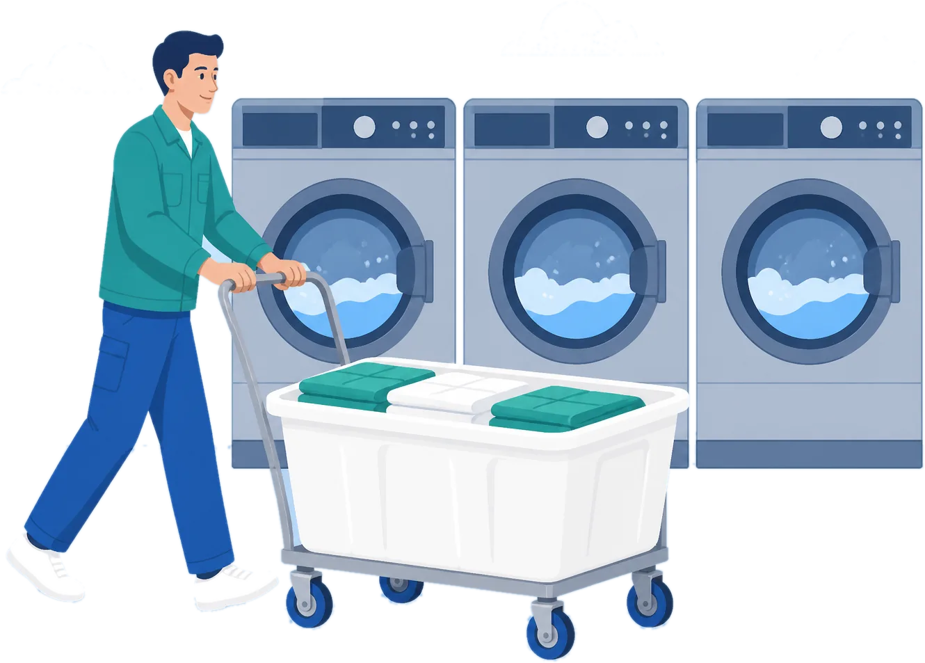 Aqualogic team member with an industrial laundry trolley in front of commercial washers